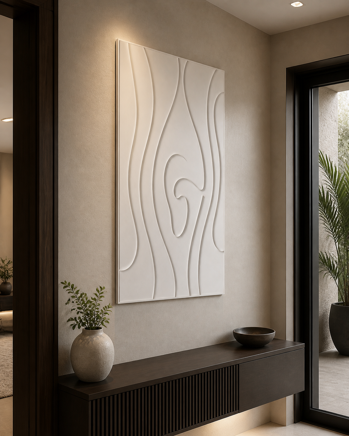 Sculpted Sway white Corian wall panel right angle in warm-plaster Thane foyer