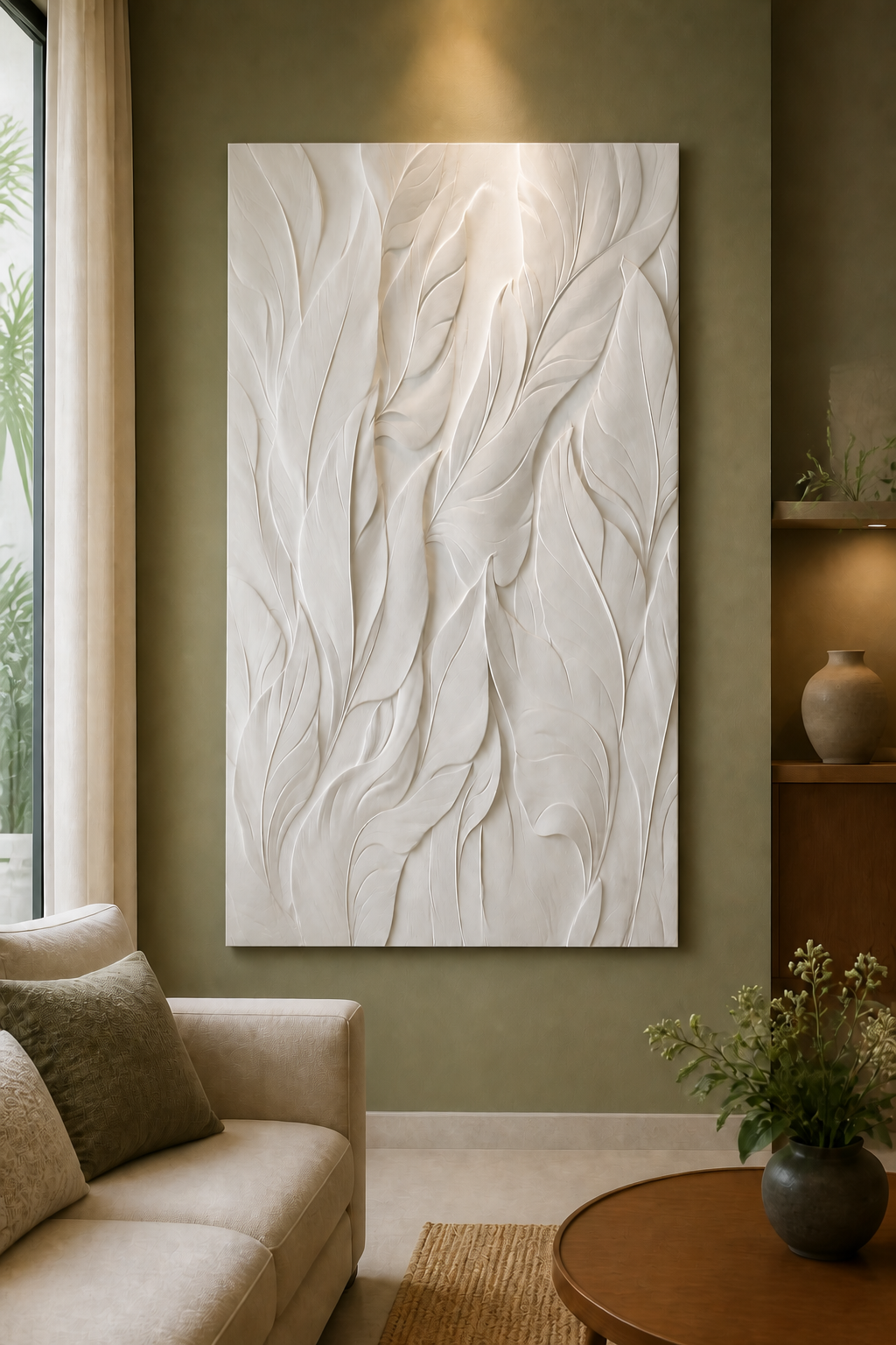 Leaf Veil white Corian wall panel front view in muted-olive Juhu living room