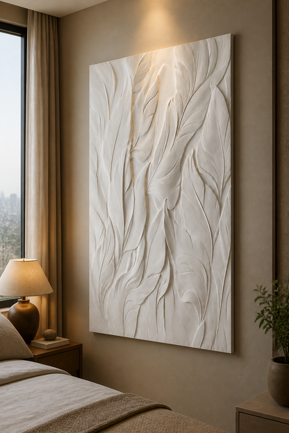 Leaf Veil white Corian wall panel left angle in warm-greige Powai bedroom