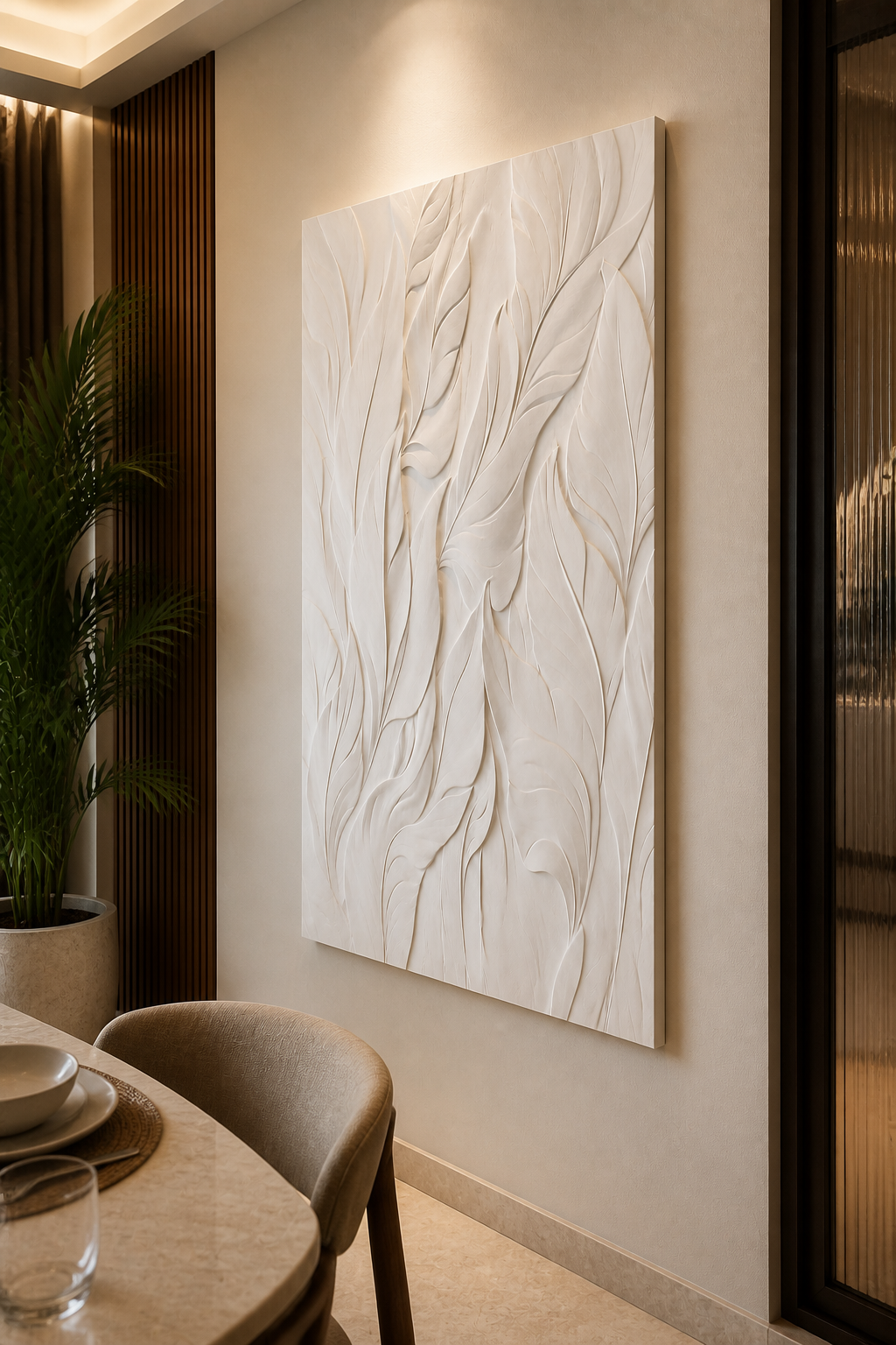 Leaf Veil white Corian wall panel right angle in cream Lower Parel dining nook