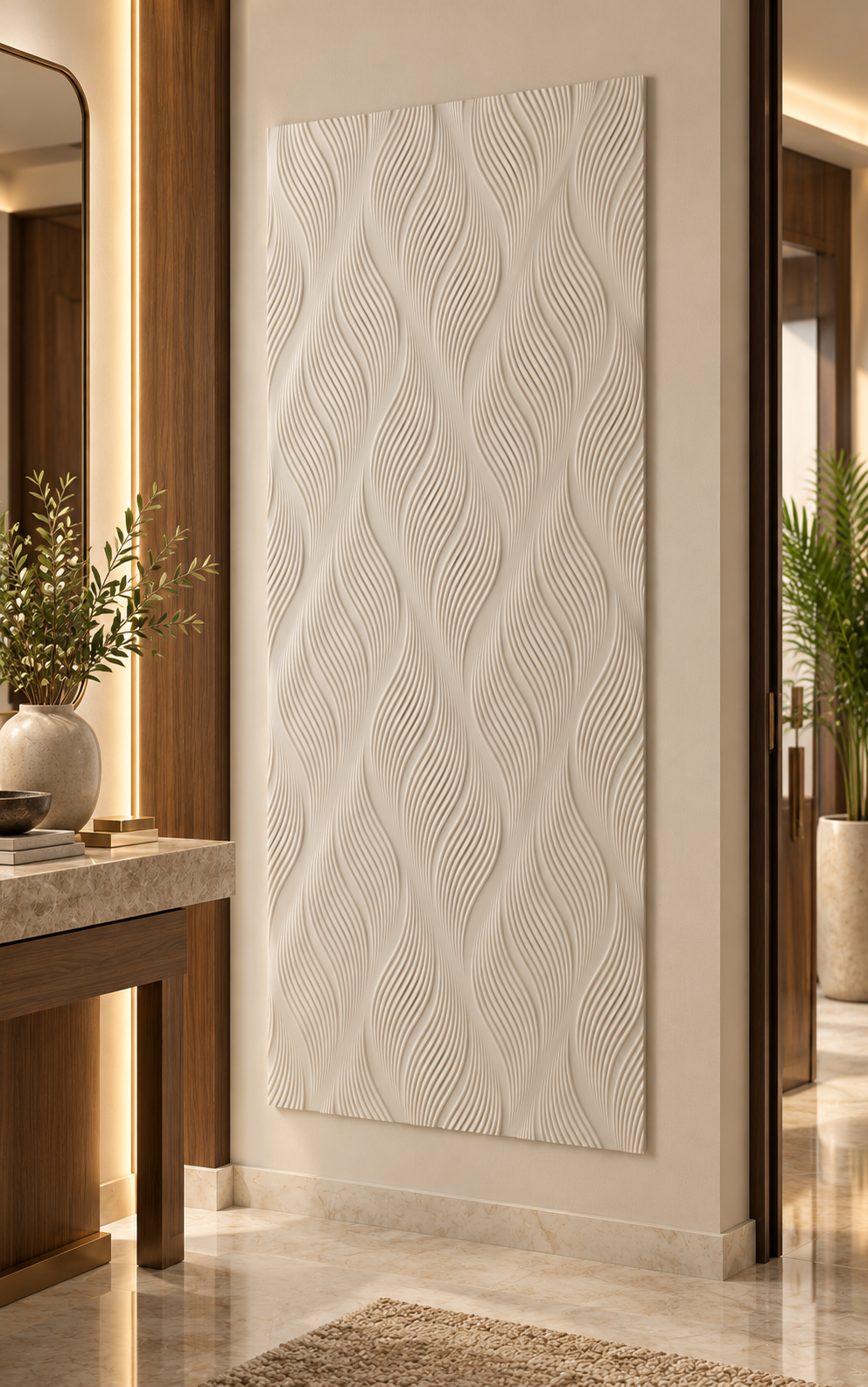 Left angle: fine vertical relief, straight ridges, calm linear effect in a satin white Corian wall panel.