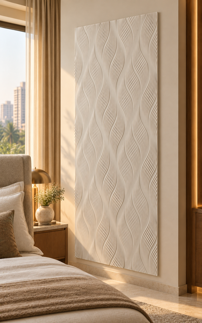 Right angle: fine vertical relief, straight ridges, calm linear effect in a satin white Corian wall panel.