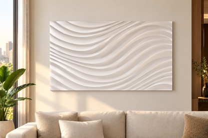 Front view: broad crossing wave relief, flowing contours in a satin white Corian wall panel.