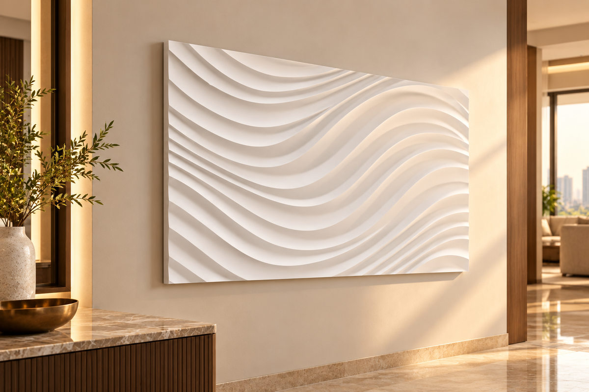 Left angle: broad crossing wave relief, flowing contours in a satin white Corian wall panel.
