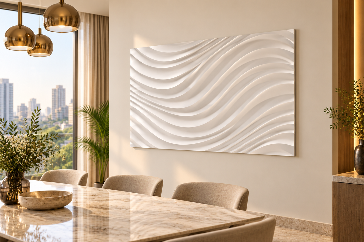 Right angle: broad crossing wave relief, flowing contours in a satin white Corian wall panel.