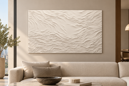 Front view: layered topographic contours, fine relief in a satin white Corian wall panel.