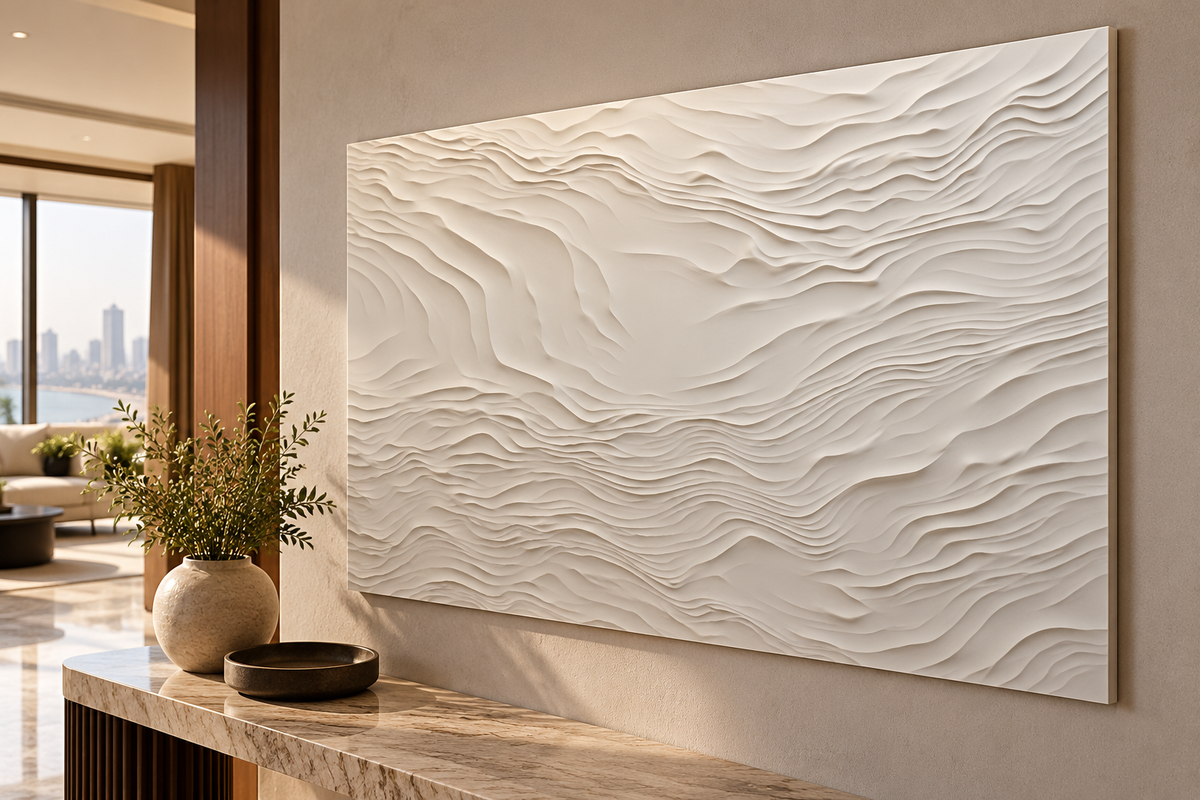 Left angle: layered topographic contours, fine relief in a satin white Corian wall panel.