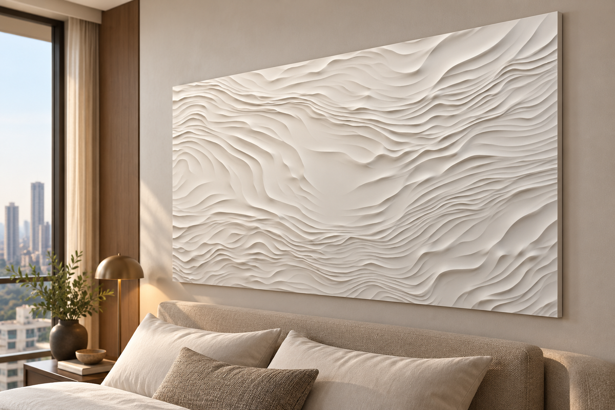 Right angle: layered topographic contours, fine relief in a satin white Corian wall panel.