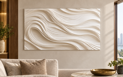 Front view: layered current strata, pronounced shallow channels in a satin white Corian wall panel.