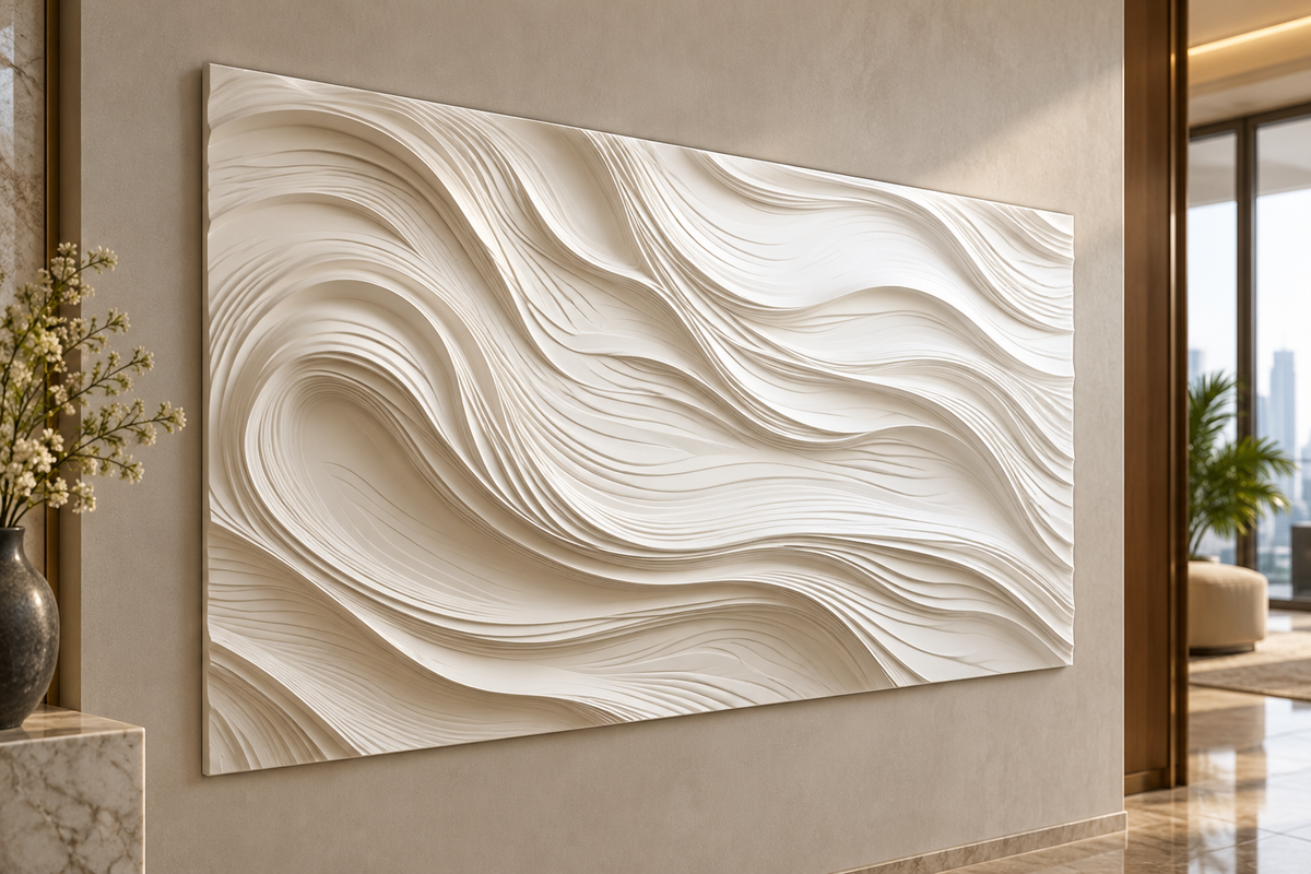 Left angle: layered current strata, pronounced shallow channels in a satin white Corian wall panel.