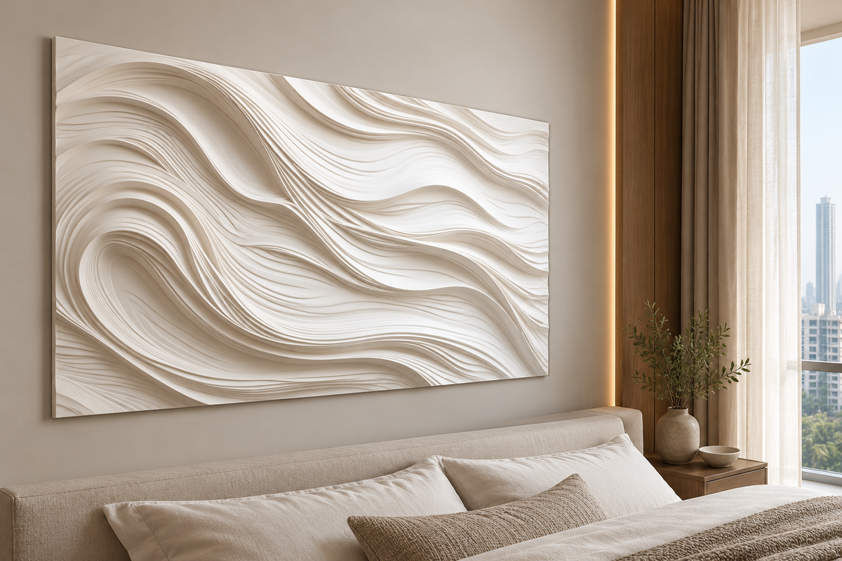 Right angle: layered current strata, pronounced shallow channels in a satin white Corian wall panel.