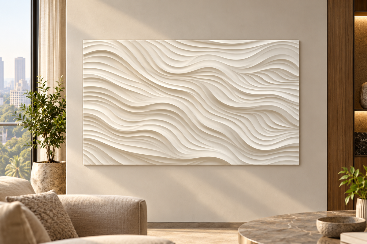 Front view: fine horizontal wave field, repeating linework in a satin white Corian wall panel.
