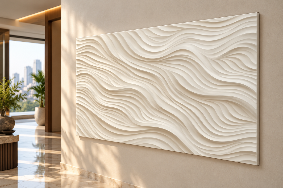 Left angle: fine horizontal wave field, repeating linework in a satin white Corian wall panel.