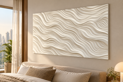Right angle: fine horizontal wave field, repeating linework in a satin white Corian wall panel.