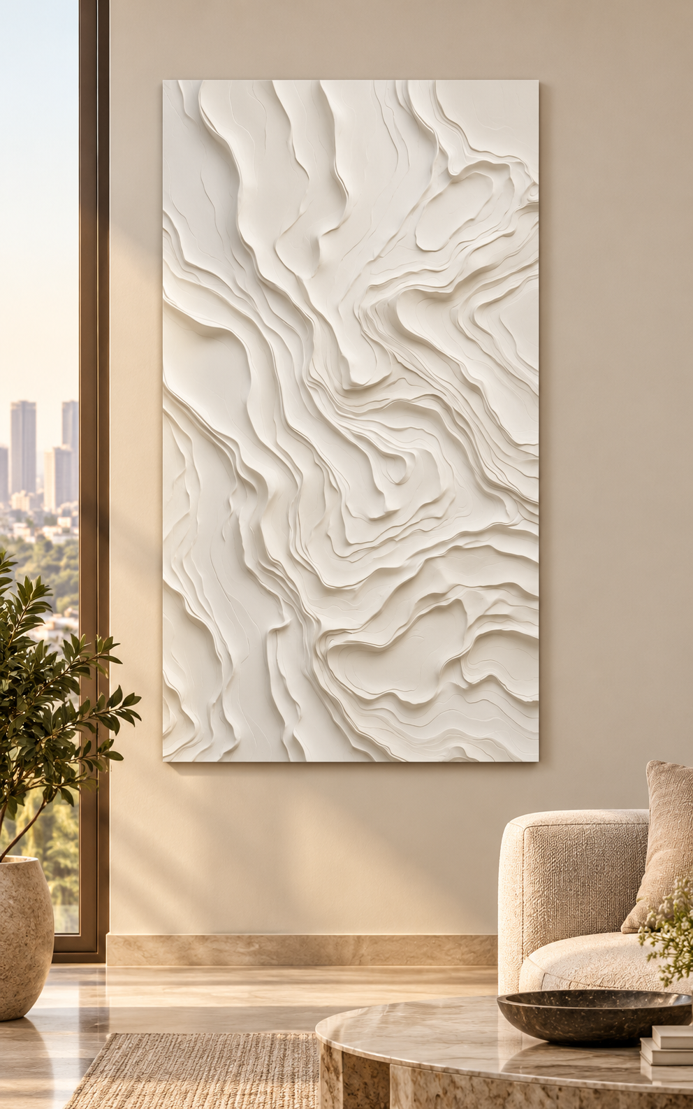Front view: layered mineral strata, irregular contour relief in a satin white Corian wall panel.