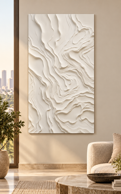 Front view: layered mineral strata, irregular contour relief in a satin white Corian wall panel.