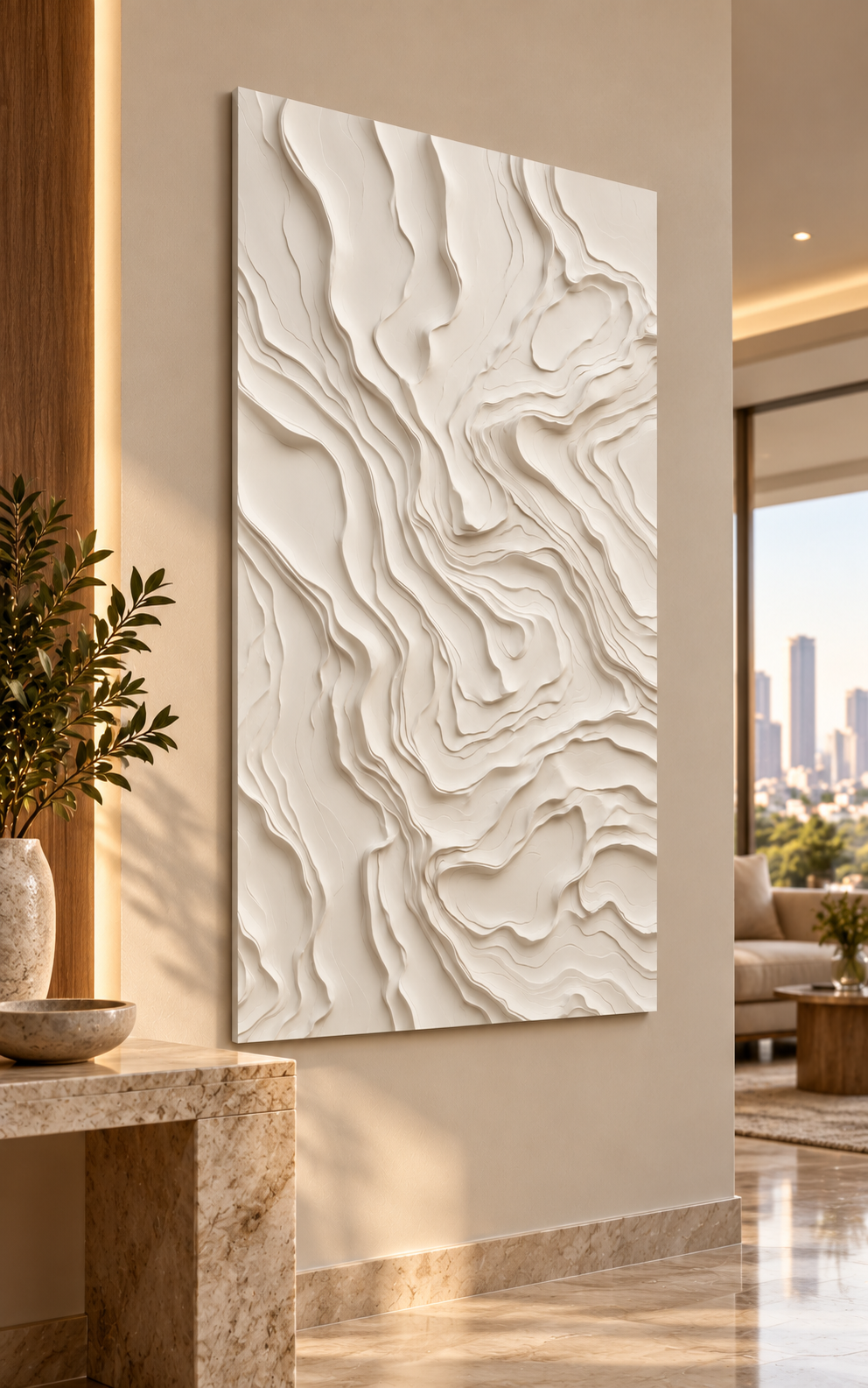 Left angle: layered mineral strata, irregular contour relief in a satin white Corian wall panel.