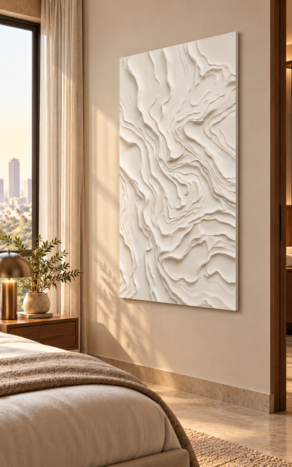 Right angle: layered mineral strata, irregular contour relief in a satin white Corian wall panel.