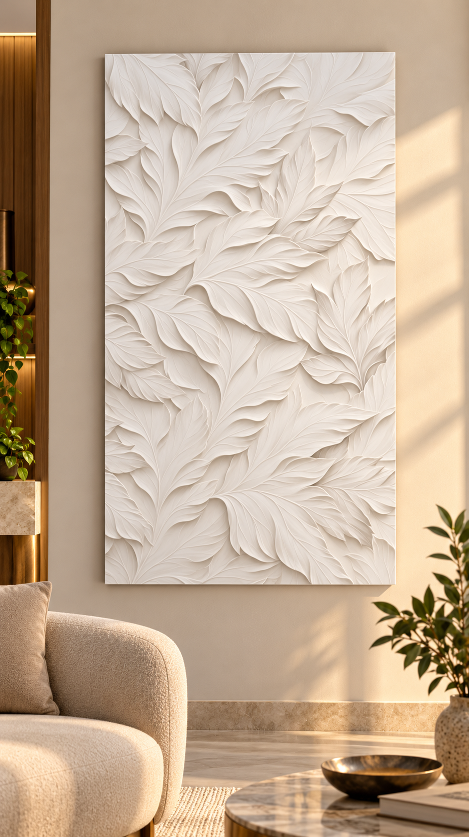 Front view: layered botanical leaves, soft organic relief in a satin white Corian wall panel.