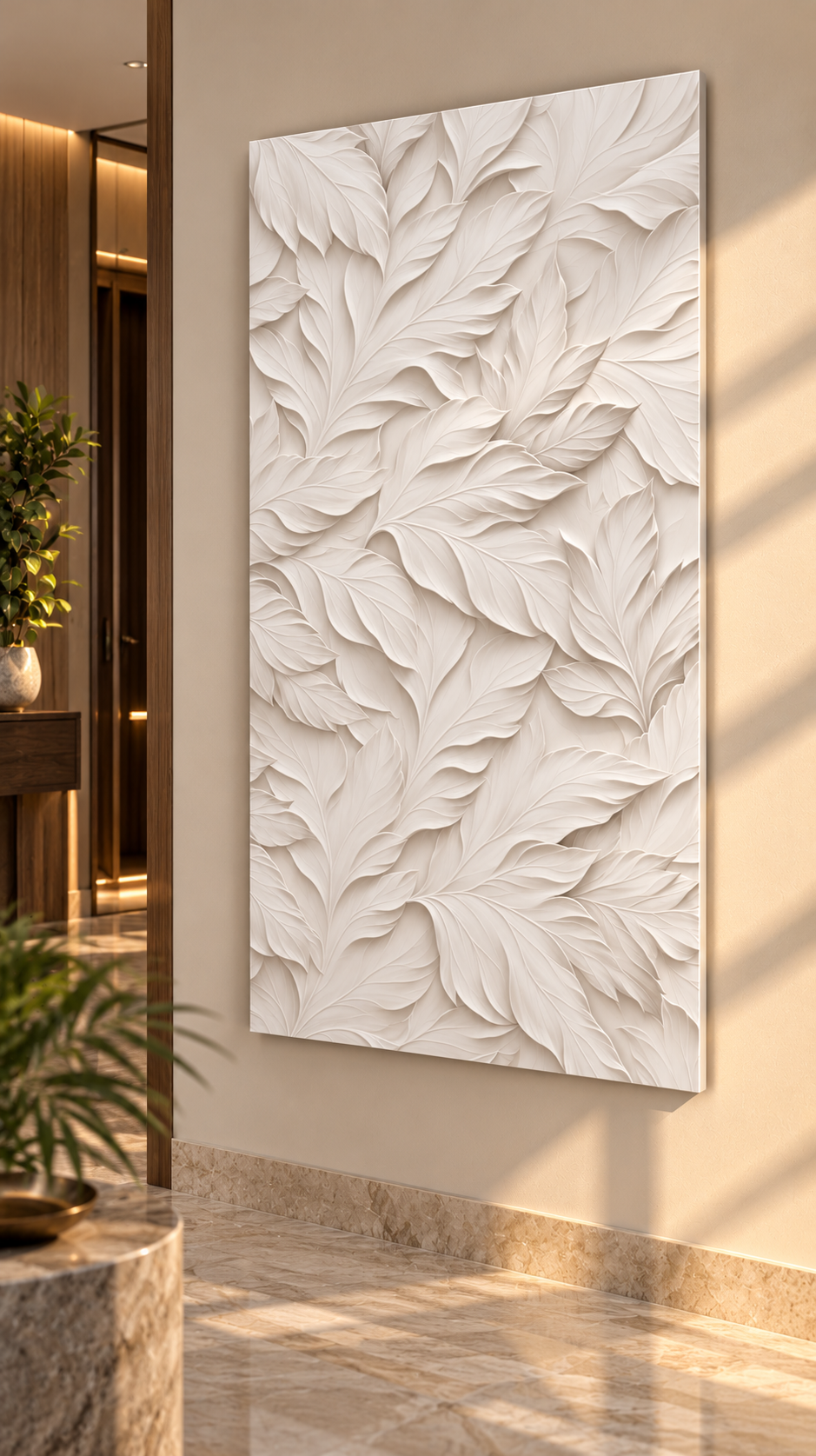 Left angle: layered botanical leaves, soft organic relief in a satin white Corian wall panel.