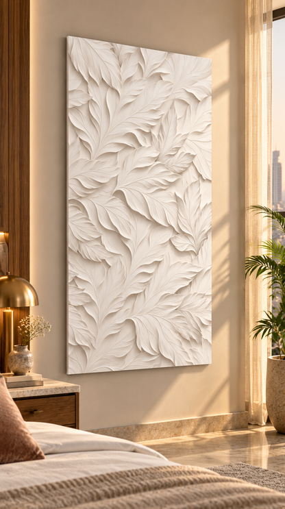 Right angle: layered botanical leaves, soft organic relief in a satin white Corian wall panel.