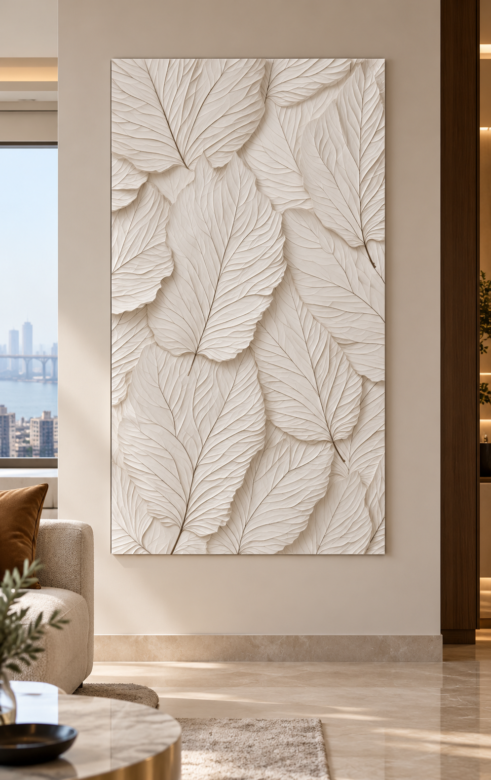 Front view: leaf veins, overlapping foliage detail in a satin white Corian wall panel.