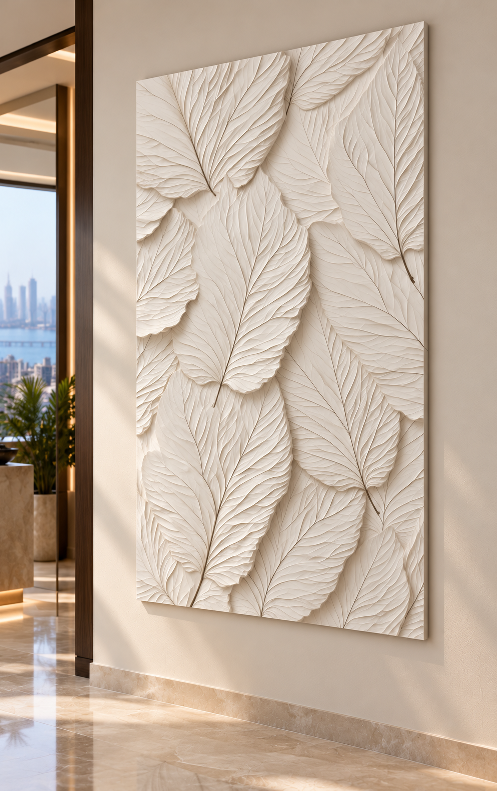 Left angle: leaf veins, overlapping foliage detail in a satin white Corian wall panel.