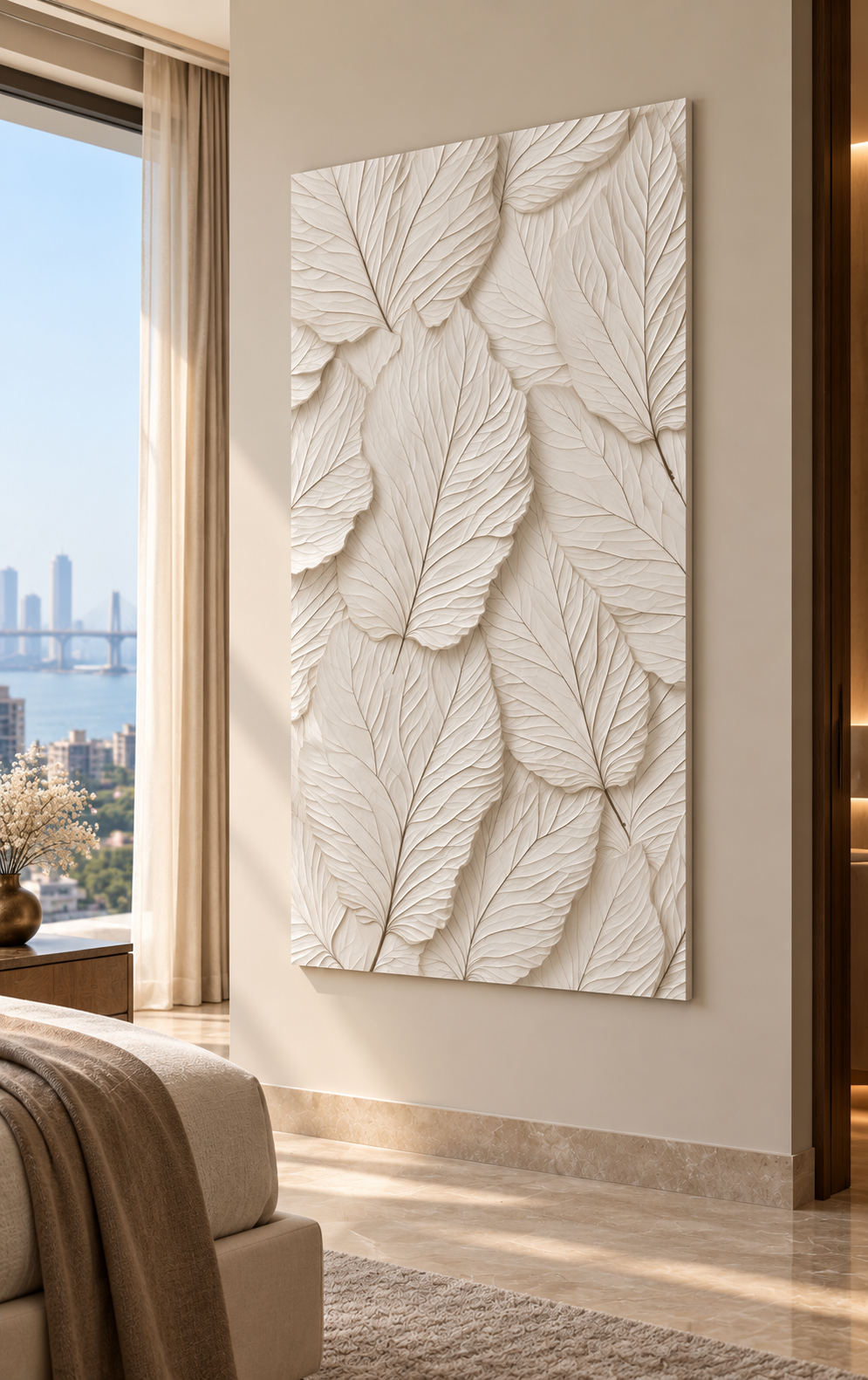 Right angle: leaf veins, overlapping foliage detail in a satin white Corian wall panel.