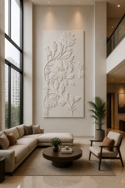 Climbing Blossom white Corian wall panel front view in double-height Thane living room