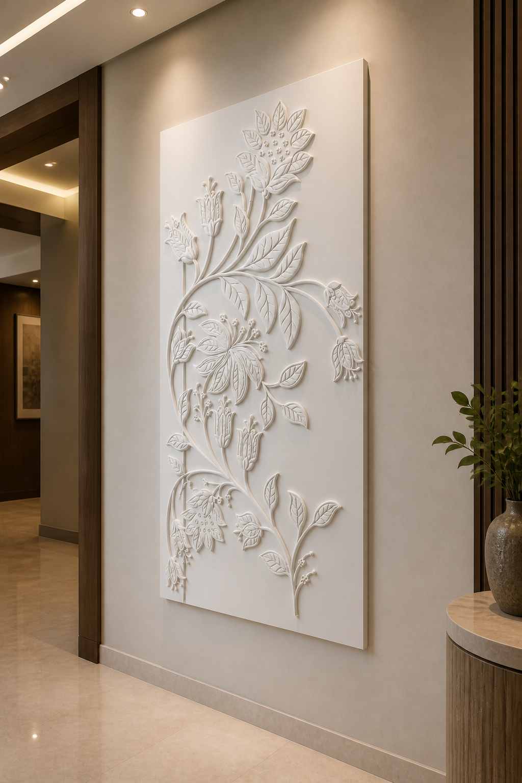 Climbing Blossom white Corian wall panel left angle in premium Borivali foyer