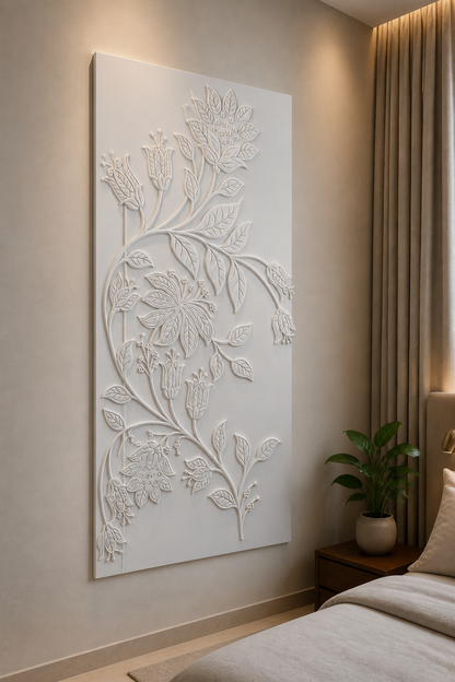 Climbing Blossom white Corian wall panel right angle in serene Andheri bedroom corner