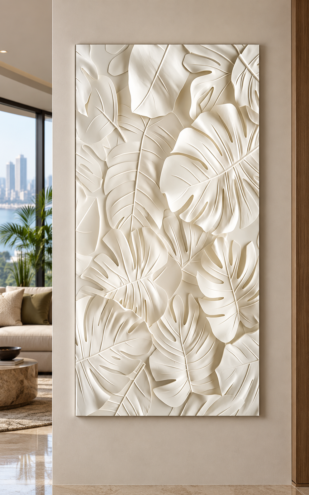 Front view: large tropical split leaves, sculptural botanical relief in a satin white Corian wall panel.