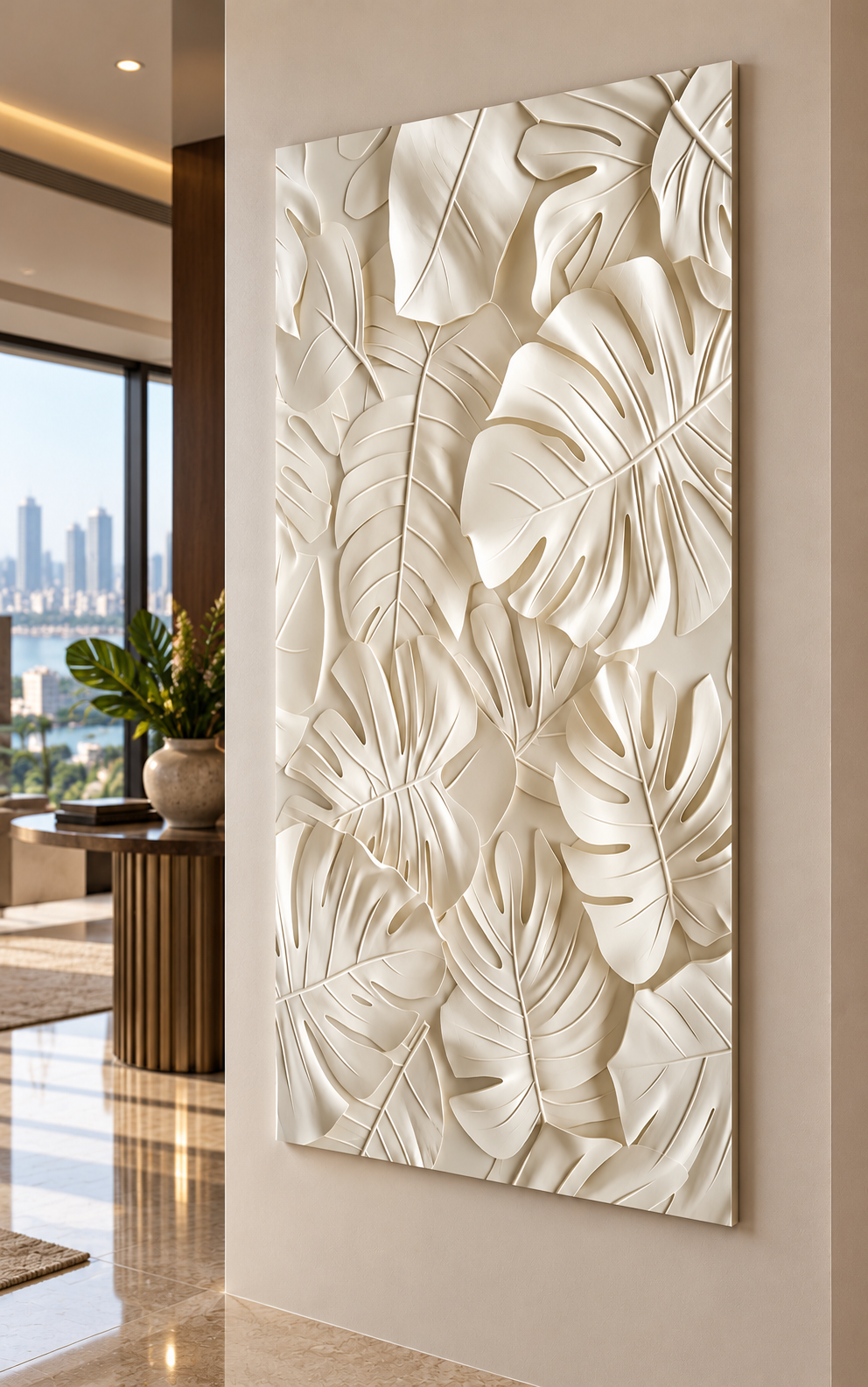 Left angle: large tropical split leaves, sculptural botanical relief in a satin white Corian wall panel.