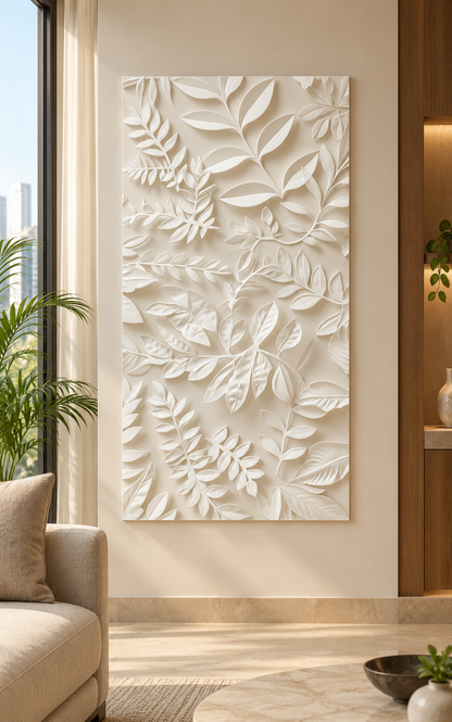 Front view: branching stems and leaves, botanical arrangement in a satin white Corian wall panel.