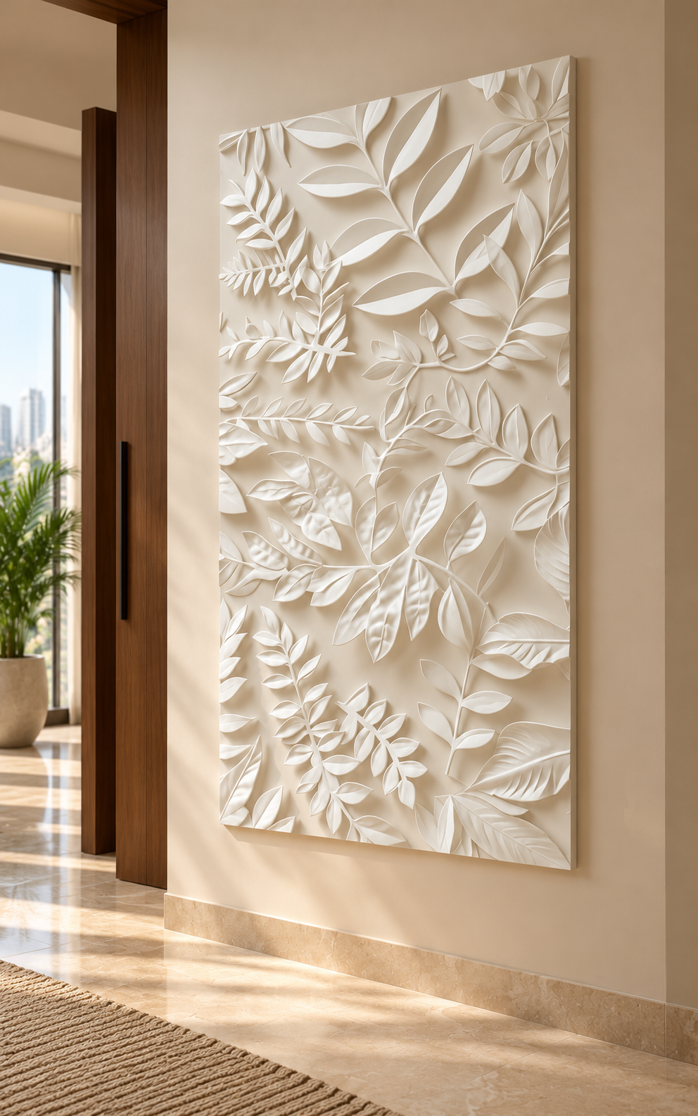 Left angle: branching stems and leaves, botanical arrangement in a satin white Corian wall panel.