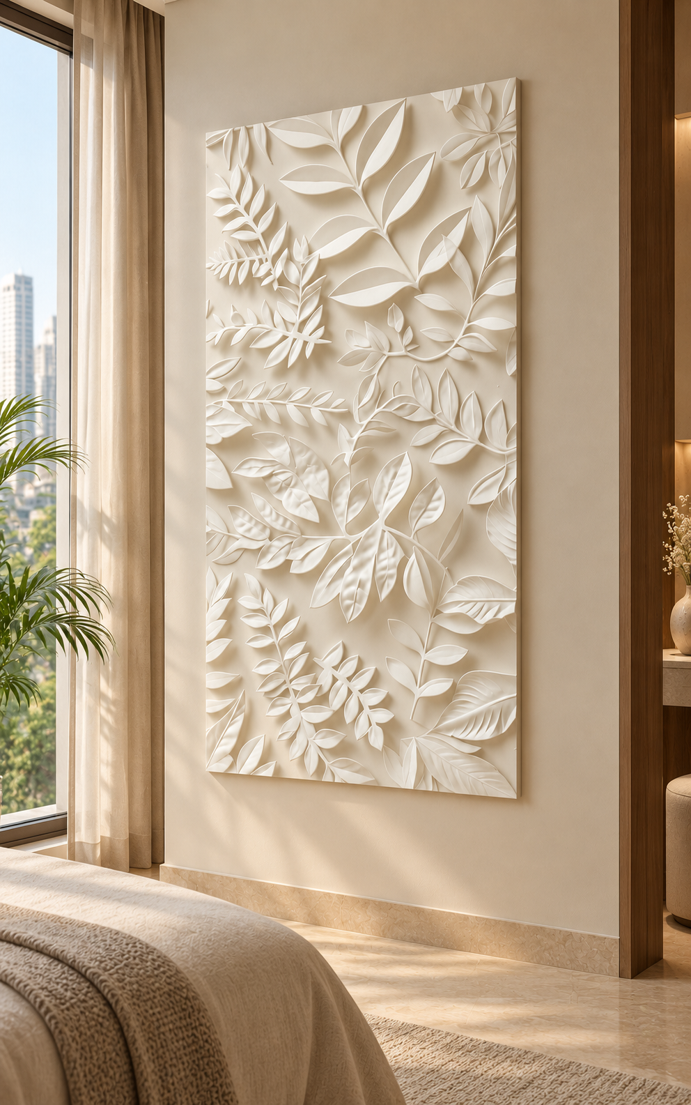 Right angle: branching stems and leaves, botanical arrangement in a satin white Corian wall panel.