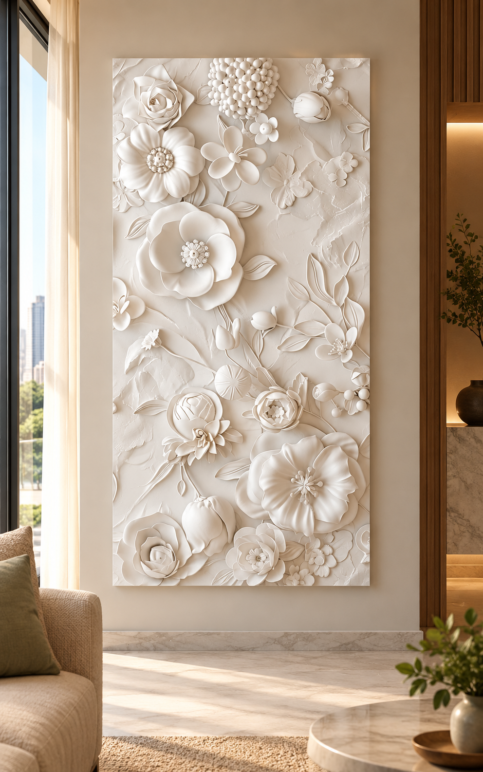 Front view: raised flower and foliage arrangement, intricate floral relief in a satin white Corian wall panel.