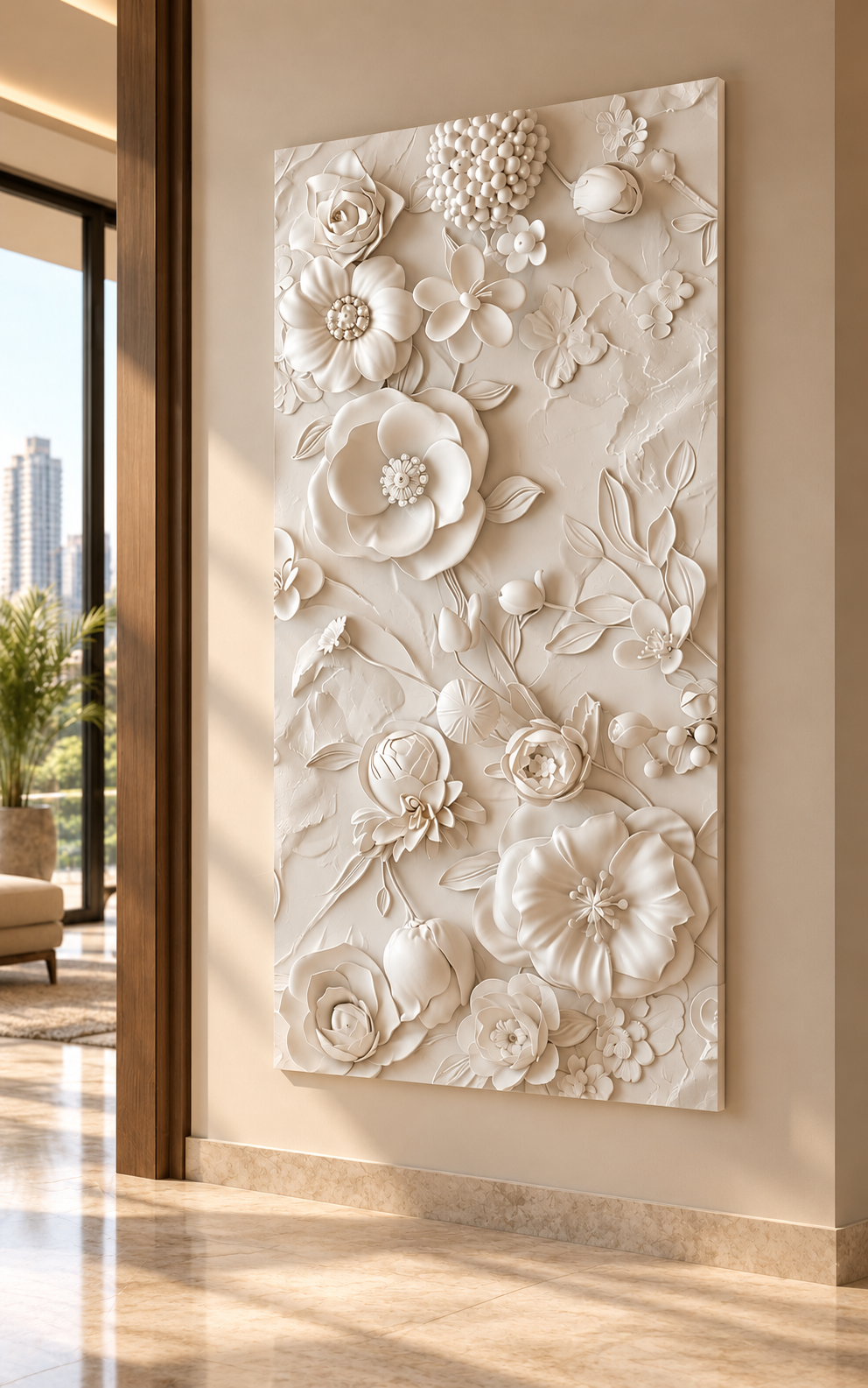 Left angle: raised flower and foliage arrangement, intricate floral relief in a satin white Corian wall panel.
