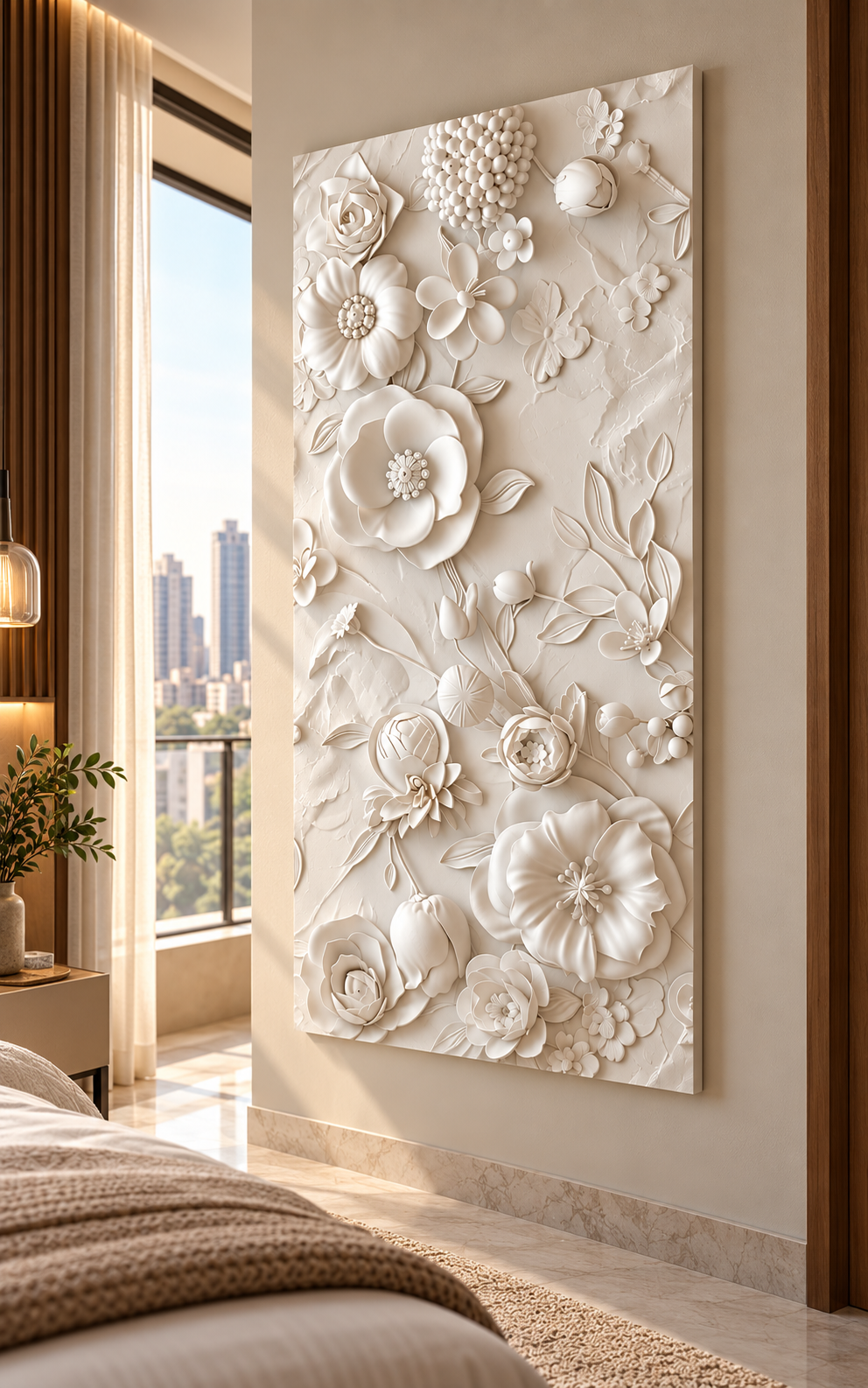 Right angle: raised flower and foliage arrangement, intricate floral relief in a satin white Corian wall panel.