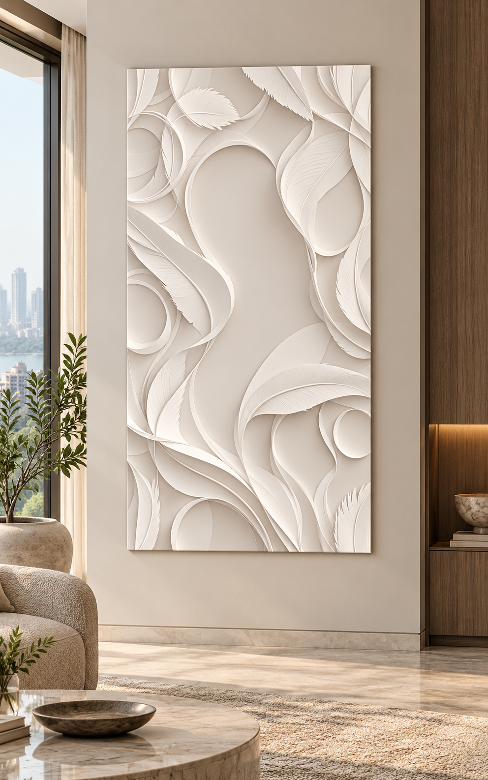 Front view: soft circular contours, overlapping abstract forms in a satin white Corian wall panel.