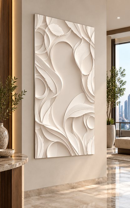 Left angle: soft circular contours, overlapping abstract forms in a satin white Corian wall panel.