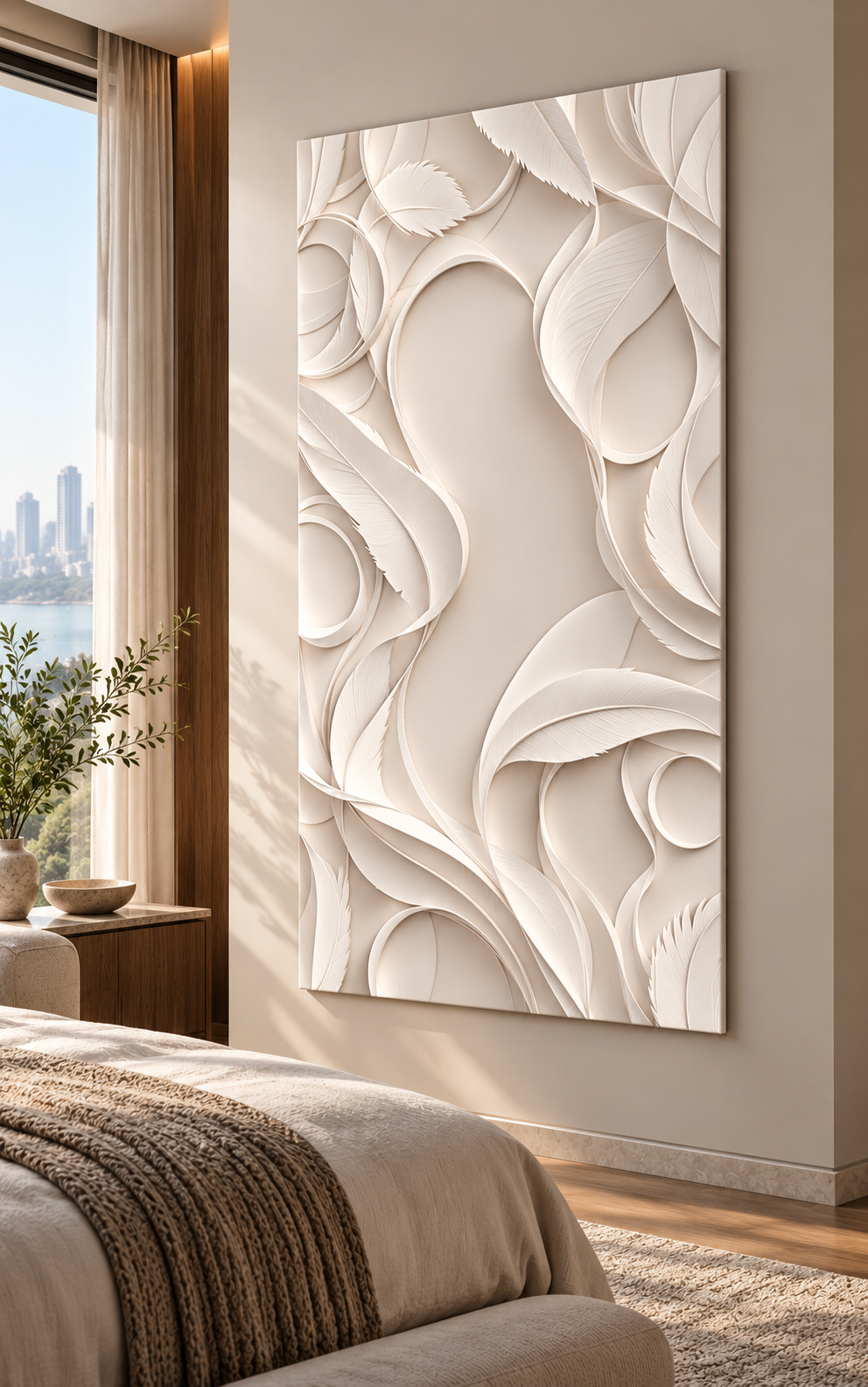 Right angle: soft circular contours, overlapping abstract forms in a satin white Corian wall panel.