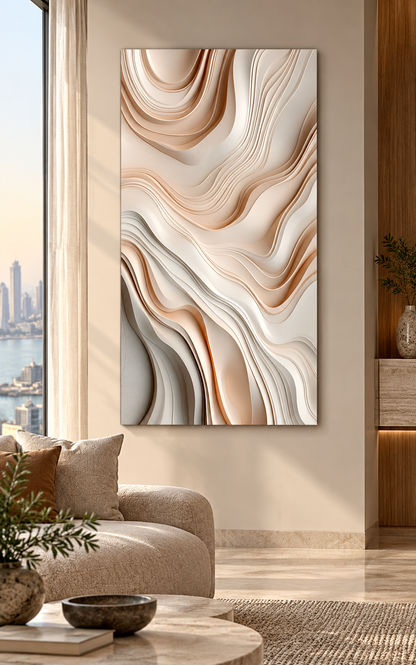 Front view: warm flowing contour layers, pale channels in a satin white Corian wall panel.