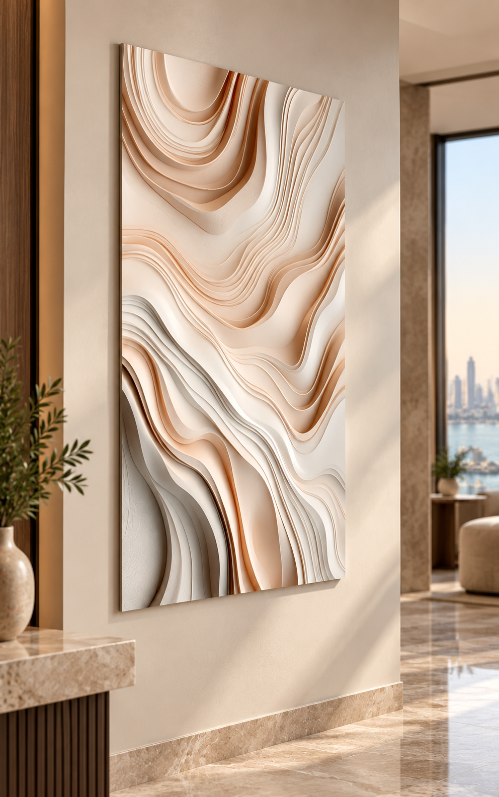 Left angle: warm flowing contour layers, pale channels in a satin white Corian wall panel.