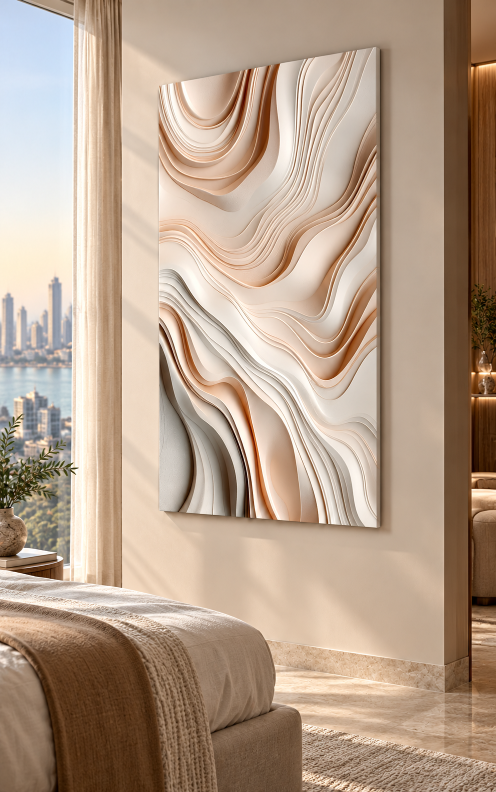 Right angle: warm flowing contour layers, pale channels in a satin white Corian wall panel.