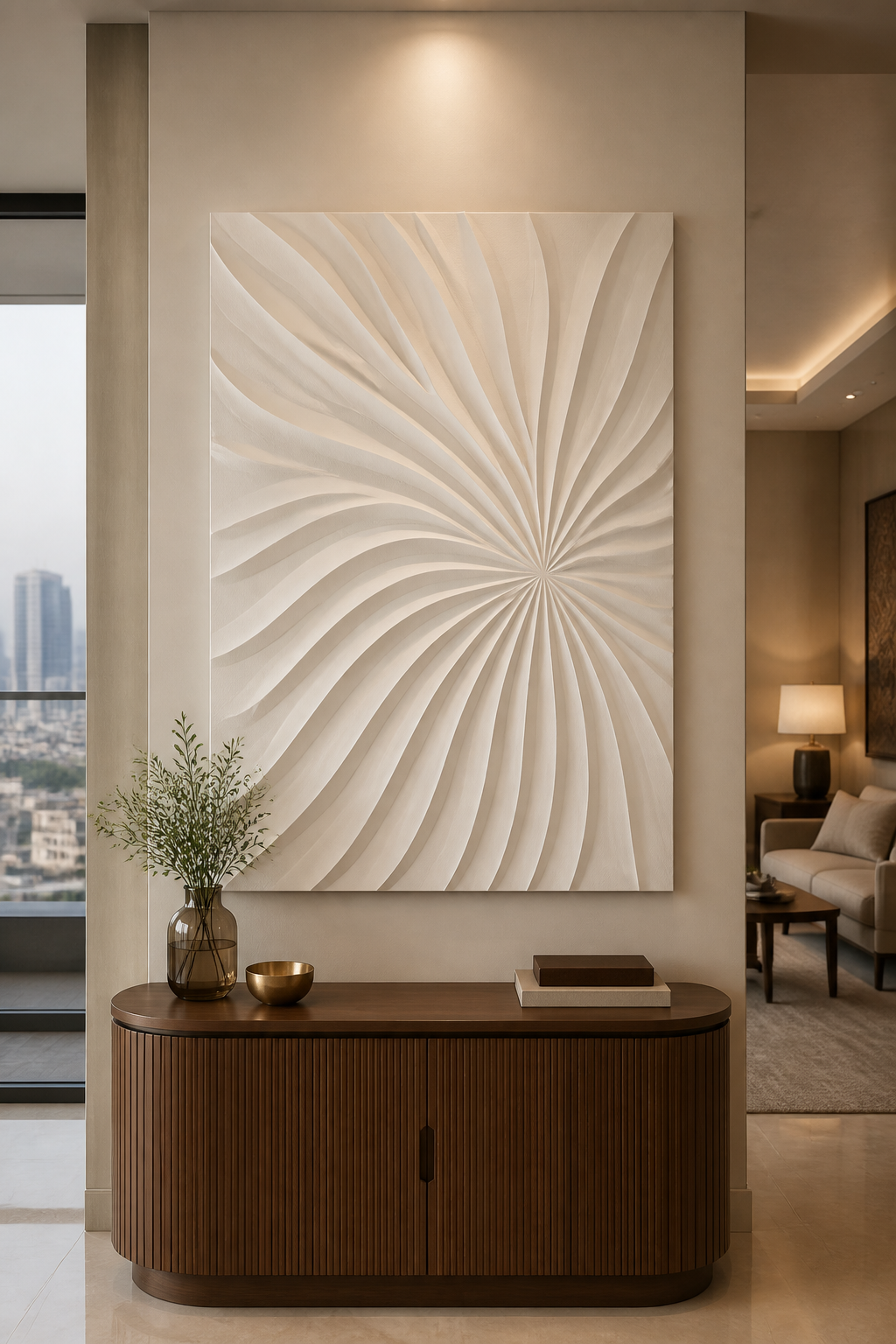 Radiant Fold white Corian wall panel front view in contemporary Wadala lounge