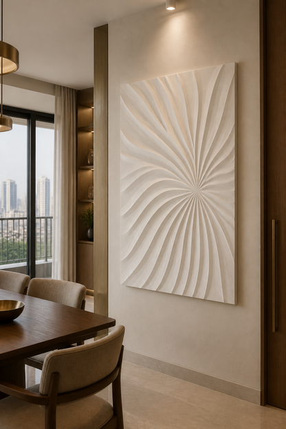 Radiant Fold white Corian wall panel left angle in compact luxury Ghatkopar dining room