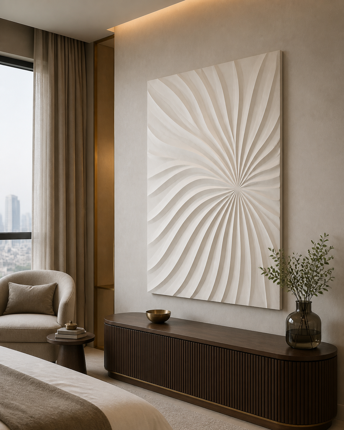 Radiant Fold white Corian wall panel right angle in well-lit Powai passage
