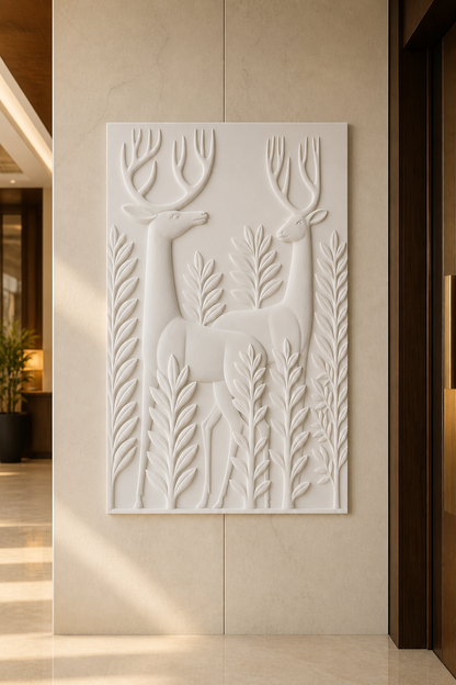 Forest Companions white Corian wall panel front view in family living room in Mulund