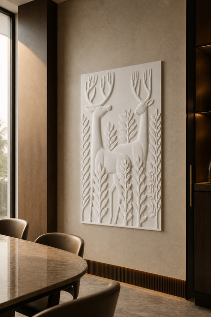 Forest Companions white Corian wall panel left angle in refined Thane dining room